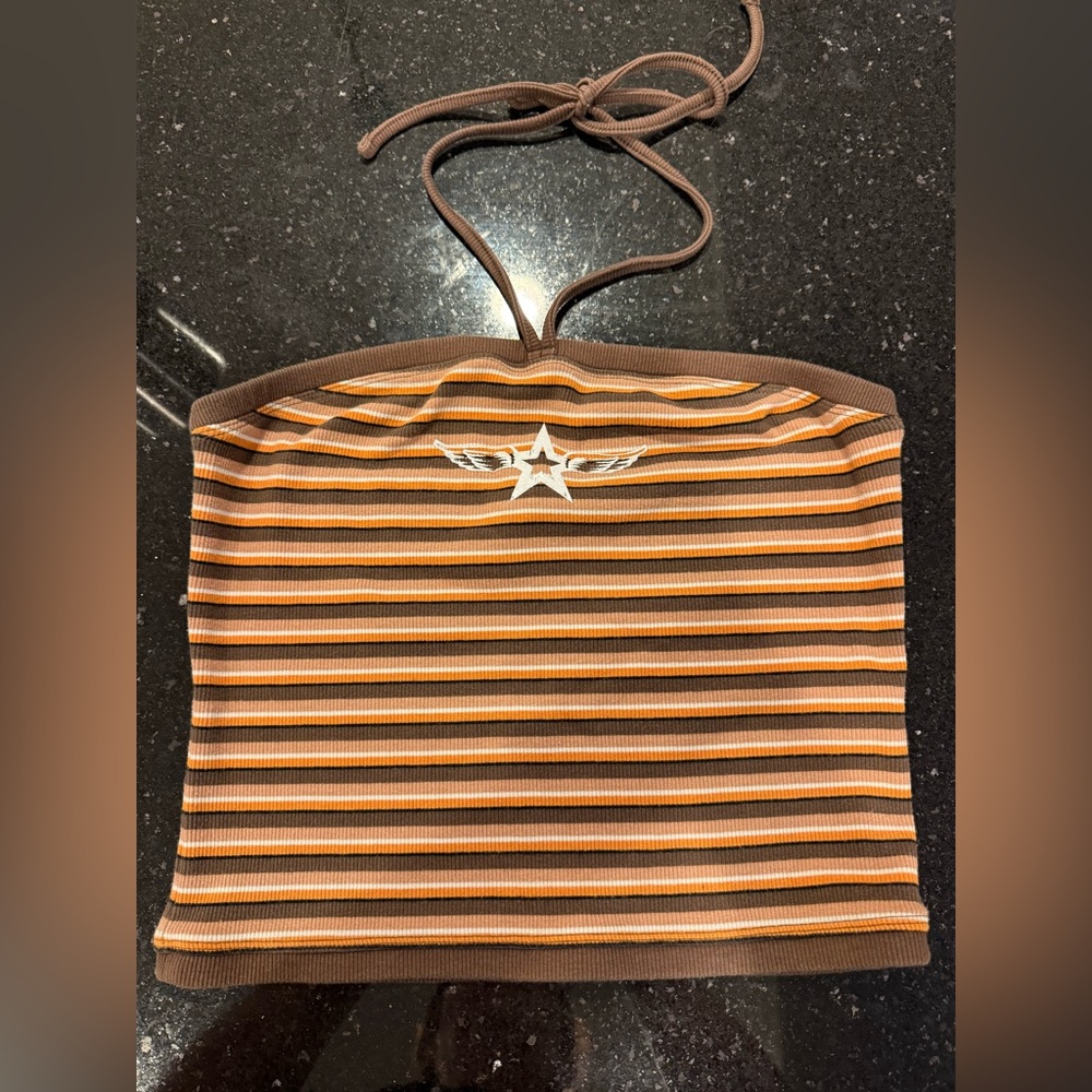 Forever 21 Brown and Orange Striped Halter Top